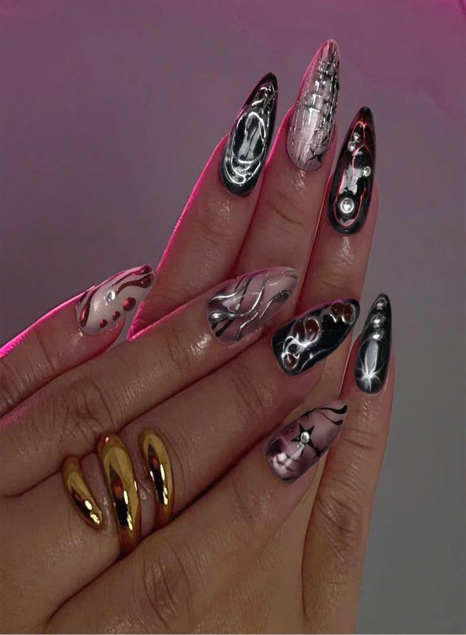 VOTACOS Goth Red Black Press on Nails Almond Medium Acrylic Fake Nails Press Ons with Glue 24Pcs Silver Lines Beads Y2K Stick on Nail with Designs 3D Star Artificial Glue on False Nail for Women - Image 4